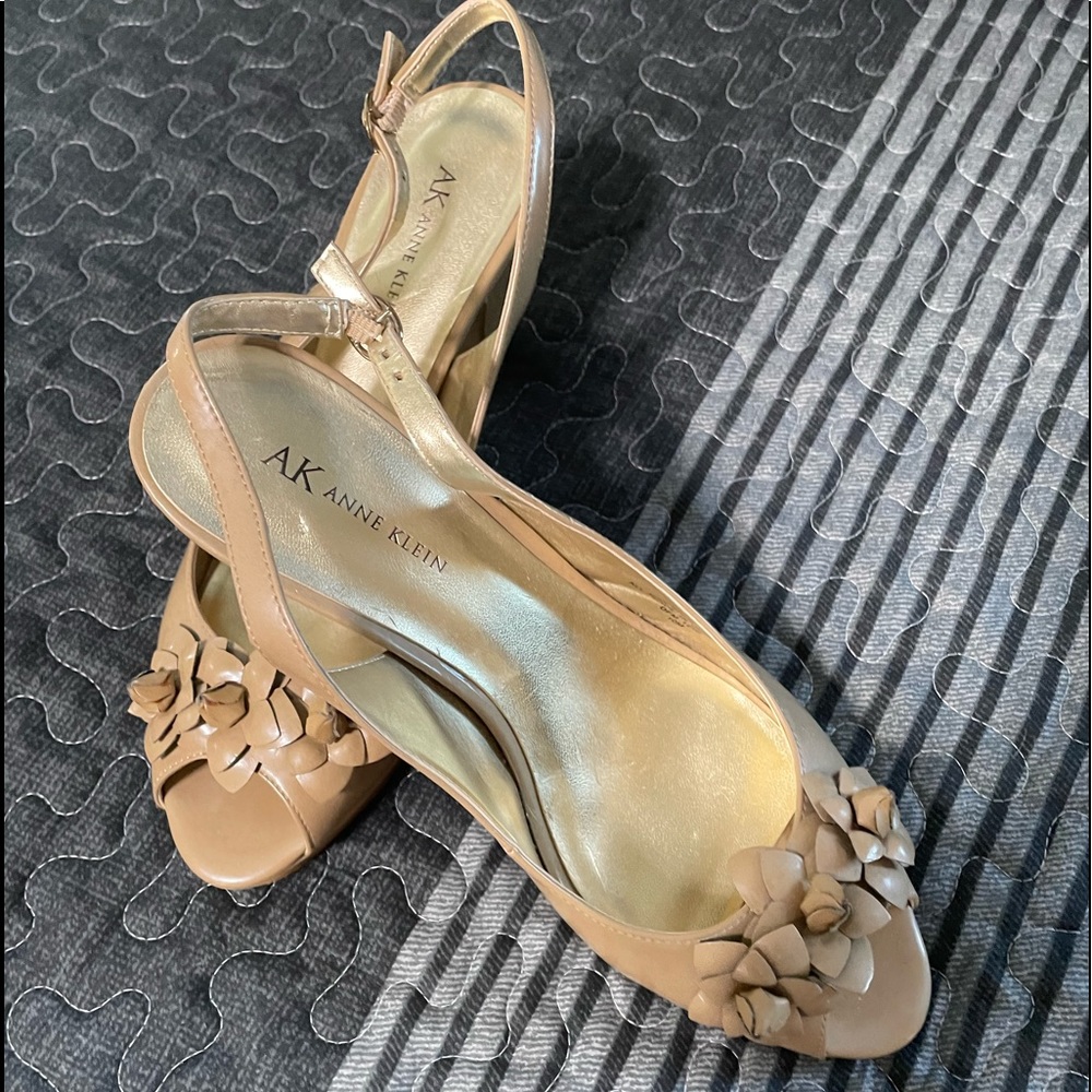 Tan open toe sling backs